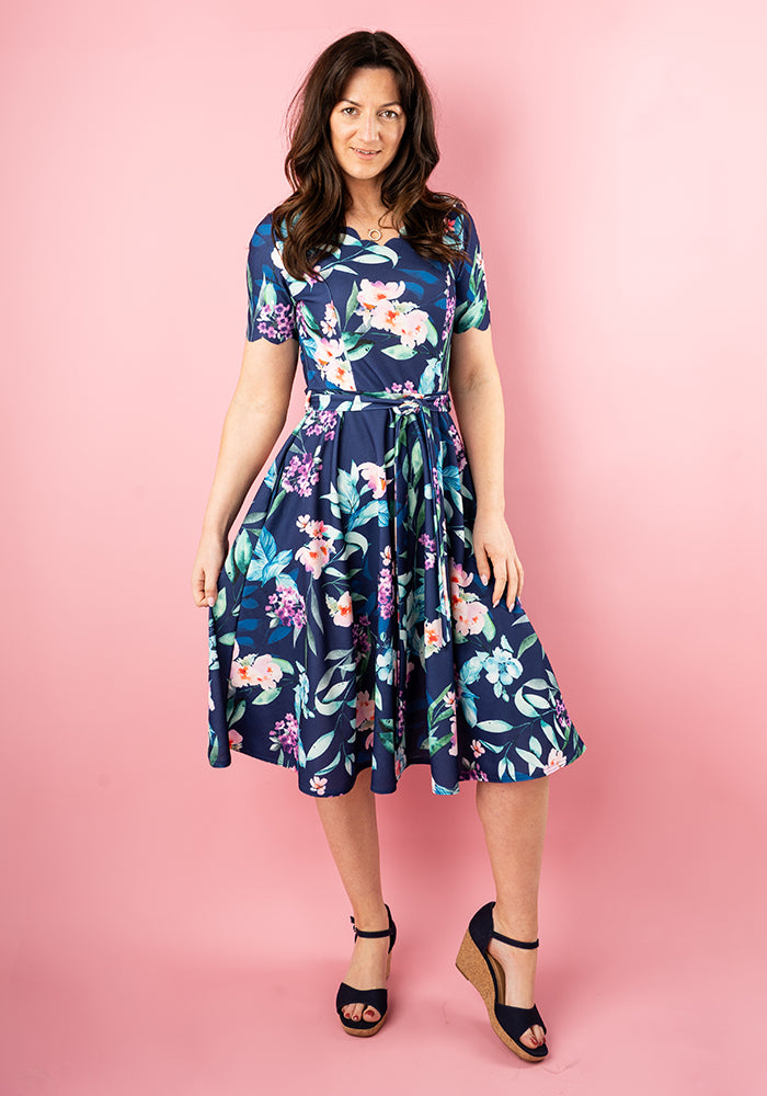 Linnet Navy Floral Print Scallop Vintage Swing Dress