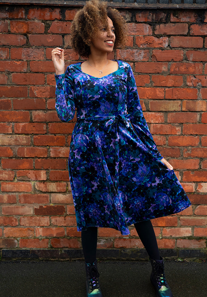 Liona Teal Floral Print Vintage Swing Dress
