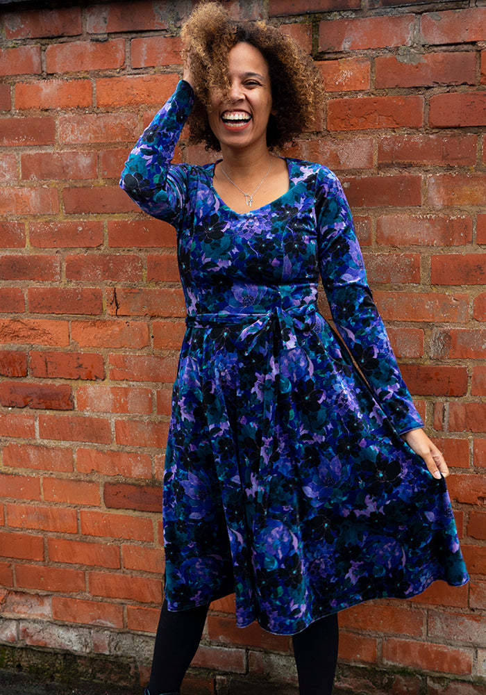 Liona Teal Floral Print Vintage Swing Dress