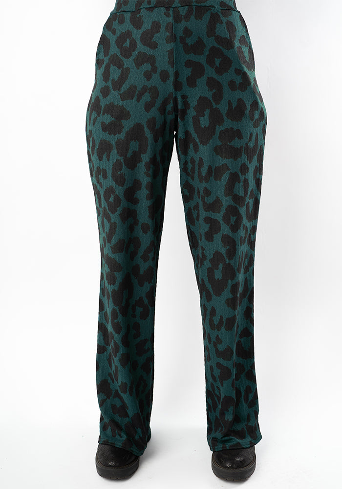 Front view of Lita Bottle Green Animal Print Trousers