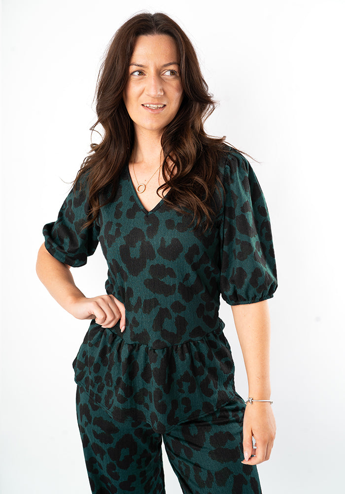 Fourth angle of Deia Bottle Green Animal Print Peplum Top