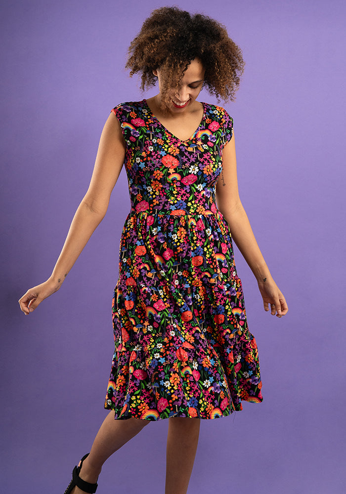 Liv Rainbow Garden Print Tiered Hem Cotton Dress