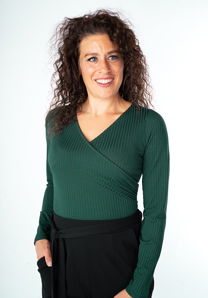 Bottle Green Long Sleeve Wrap Neck Rib Top