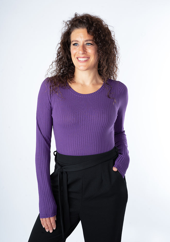 Front view of Purple Long Sleeve Round Neck Rib Top