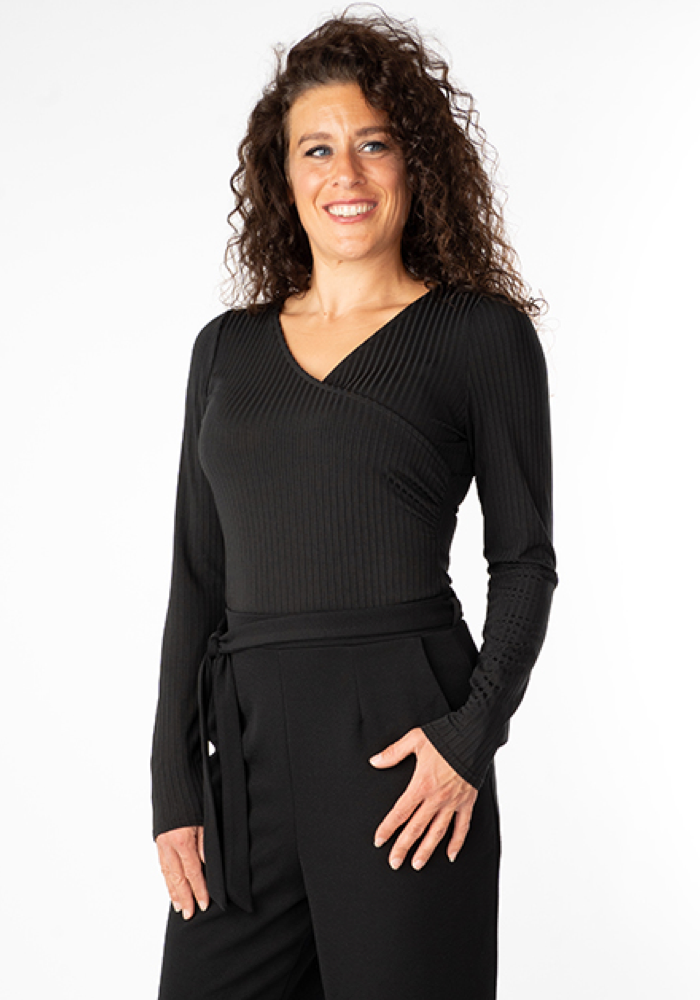Front view of Black Long Sleeve Wrap Neck Rib Top