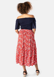 Lori Light Weight Red Ditsy Floral Print Tiered Hem Midi Skirt