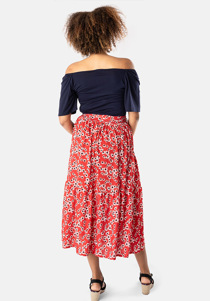 Lori Light Weight Red Ditsy Floral Print Tiered Hem Midi Skirt