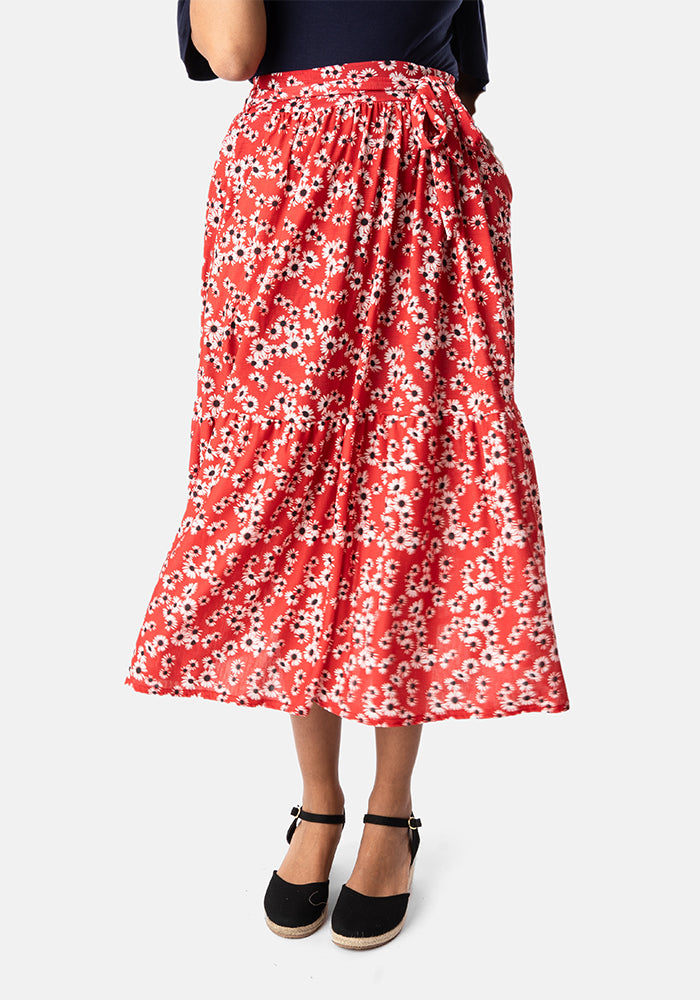 Lori Light Weight Red Ditsy Floral Print Tiered Hem Midi Skirt