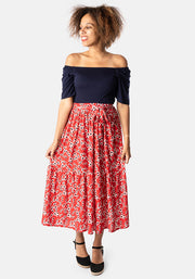 Lori Light Weight Red Ditsy Floral Print Tiered Hem Midi Skirt