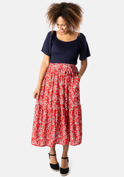 Lori Light Weight Red Ditsy Floral Print Tiered Hem Midi Skirt