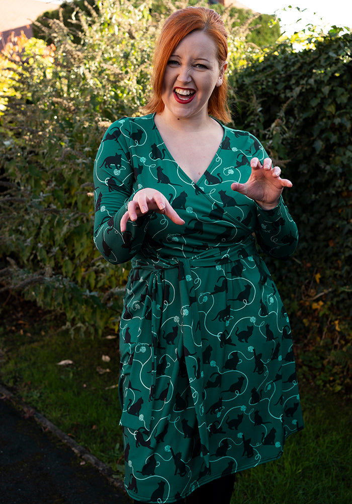 Front view of Lotty Playful Cats Print Dress