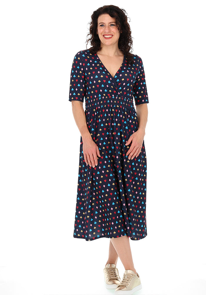 Luca Playing Card Suit Print Shirred Waist Midi Dress
