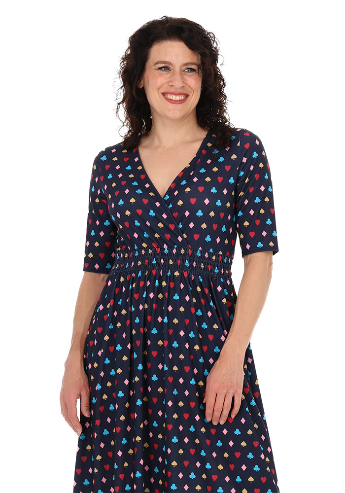 Luca Playing Card Suit Print Shirred Waist Midi Dress