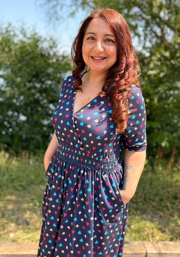 Luca Playing Card Suit Print Shirred Waist Midi Dress