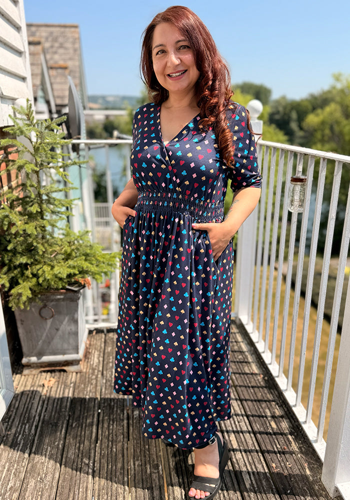 Luca Playing Card Suit Print Shirred Waist Midi Dress