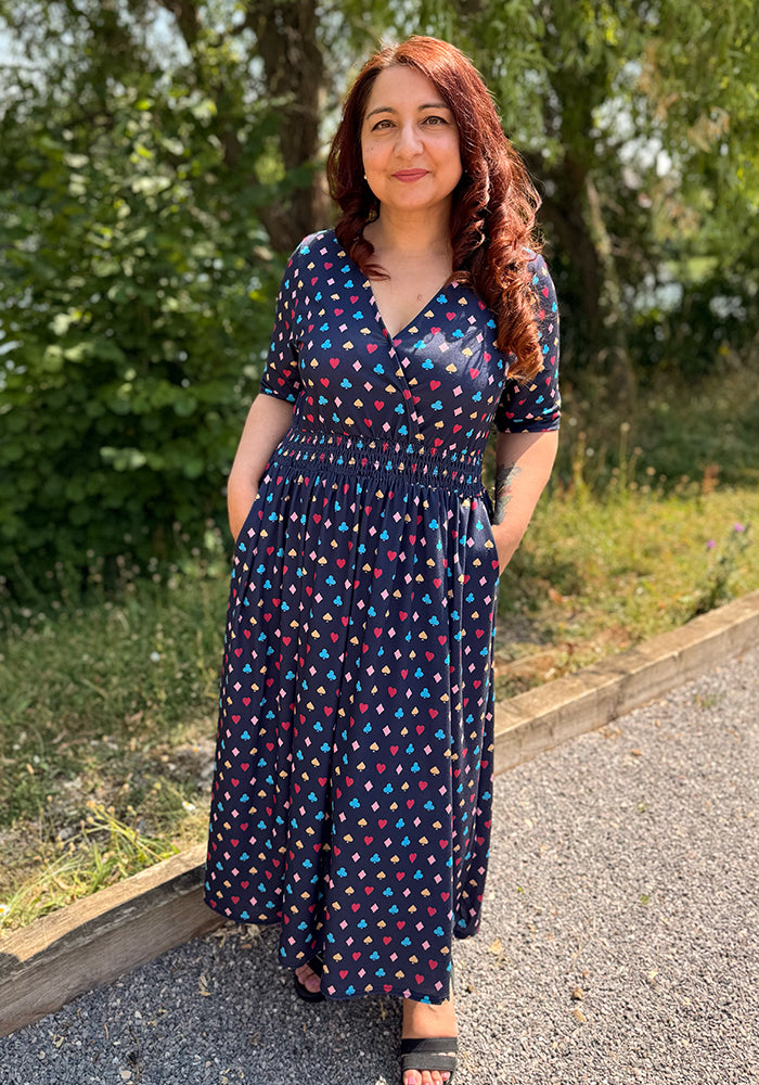 Luca Playing Card Suit Print Shirred Waist Midi Dress