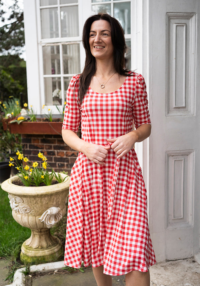 Front view of Luce Red Gingham Check Print Dress, our jersey is a smooth, stretchy fabric known for its comfort and ease.