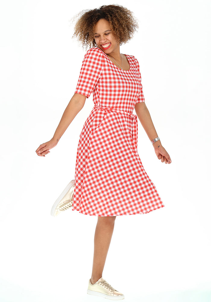 Second angle of Luce Red Gingham Check Print Dress, our jersey is a smooth, stretchy fabric known for its comfort and ease.