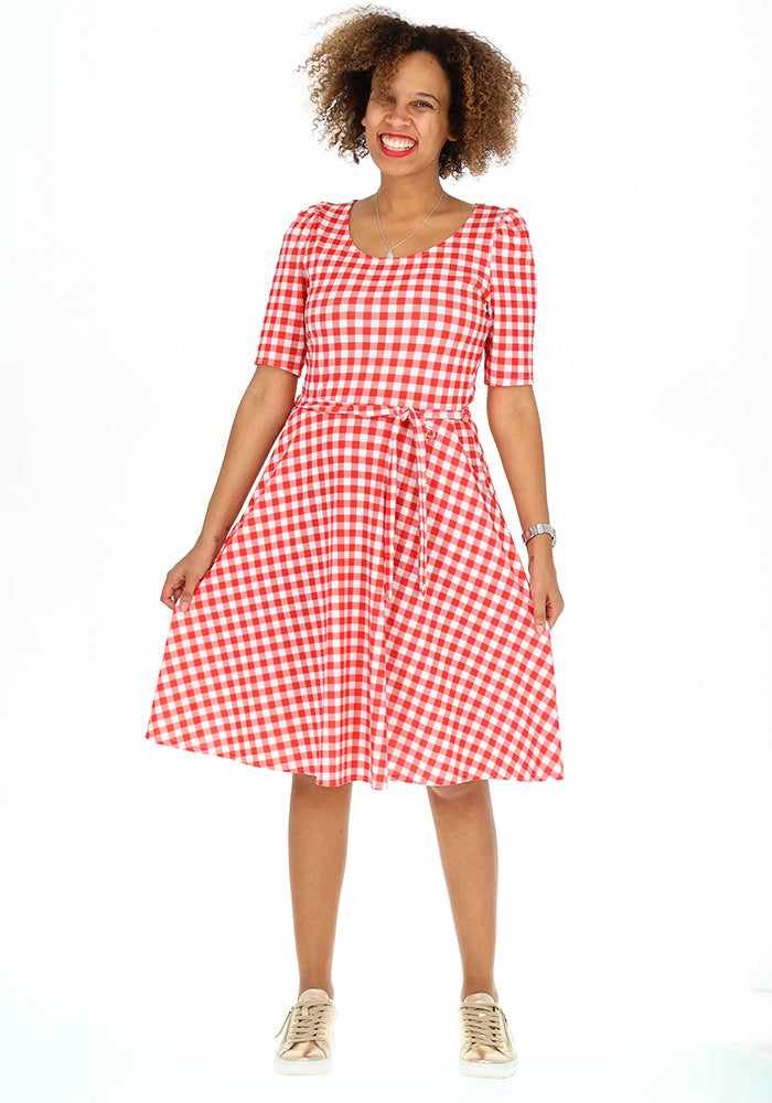 Sixth angle of Luce Red Gingham Check Print Dress, our jersey is a smooth, stretchy fabric known for its comfort and ease.