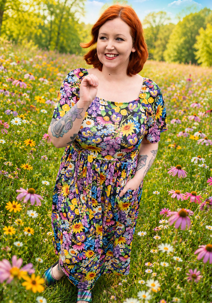 Front view of Lucetta Floral Garden Print Midi Dress