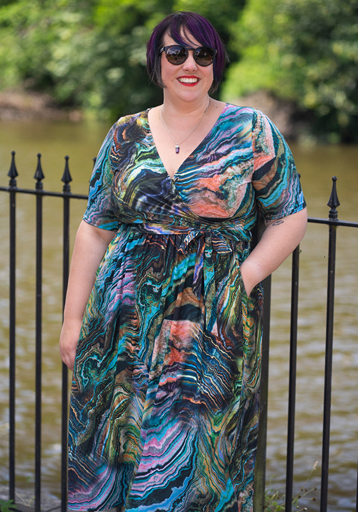 Front view of Lucette Abstract Layers Print Midi Dress