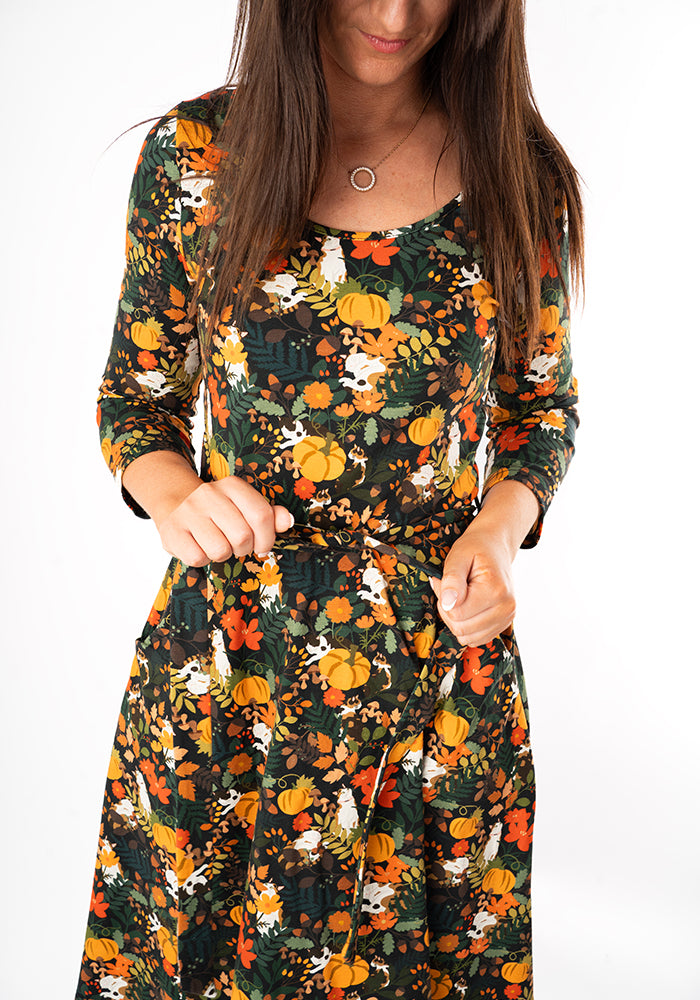 Lucila Pumpkin Hidden Cats Print Cotton Dress