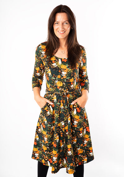 Lucila Pumpkin Hidden Cats Print Cotton Dress