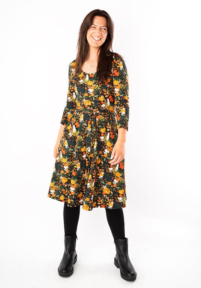 Lucila Pumpkin Hidden Cats Print Cotton Dress