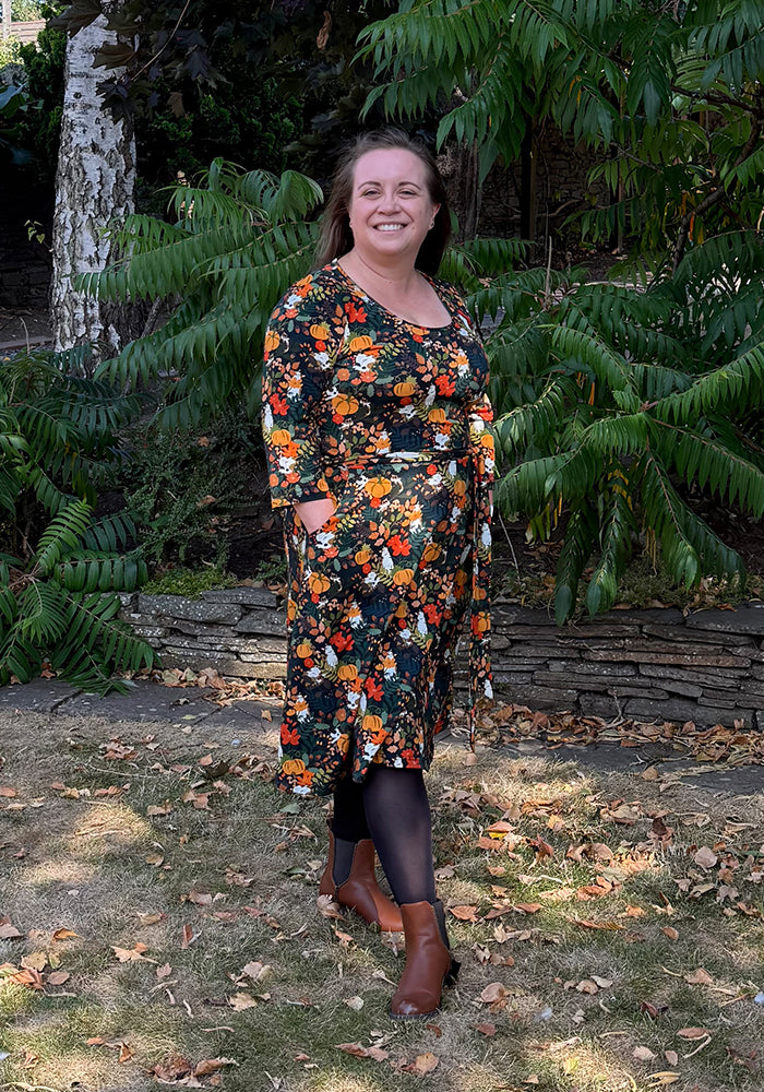 Lucila Pumpkin Hidden Cats Print Cotton Dress