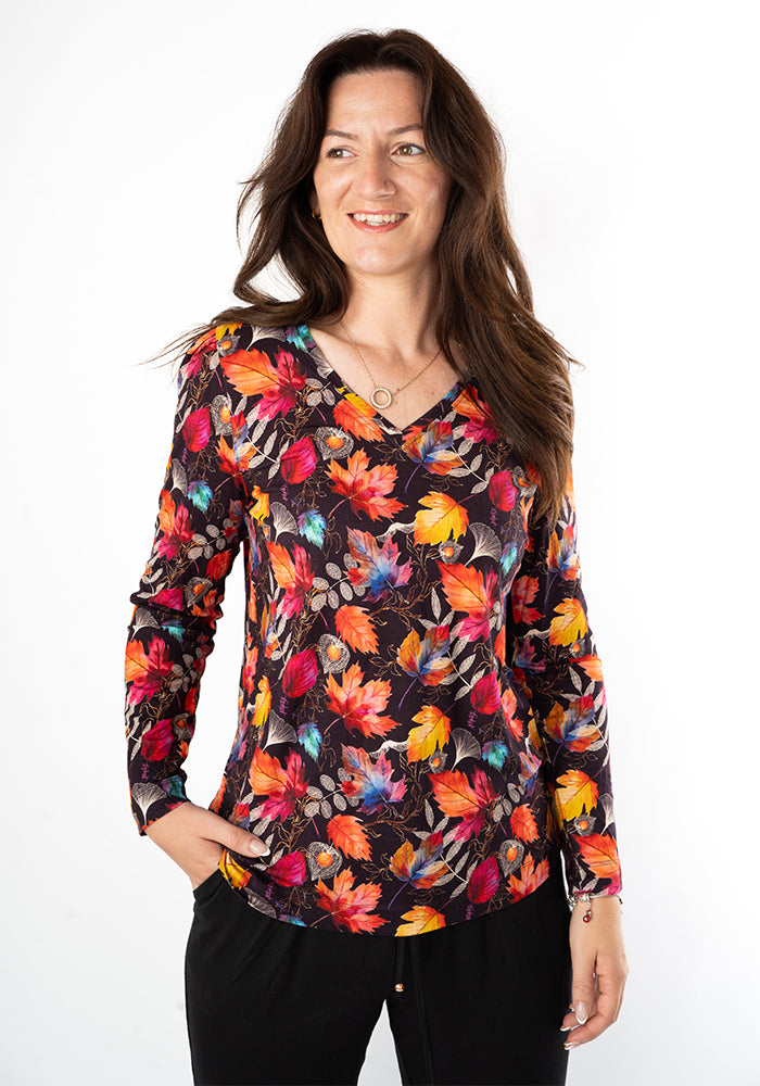 Front view of Lucy Fall Leaves Print Viscose Top