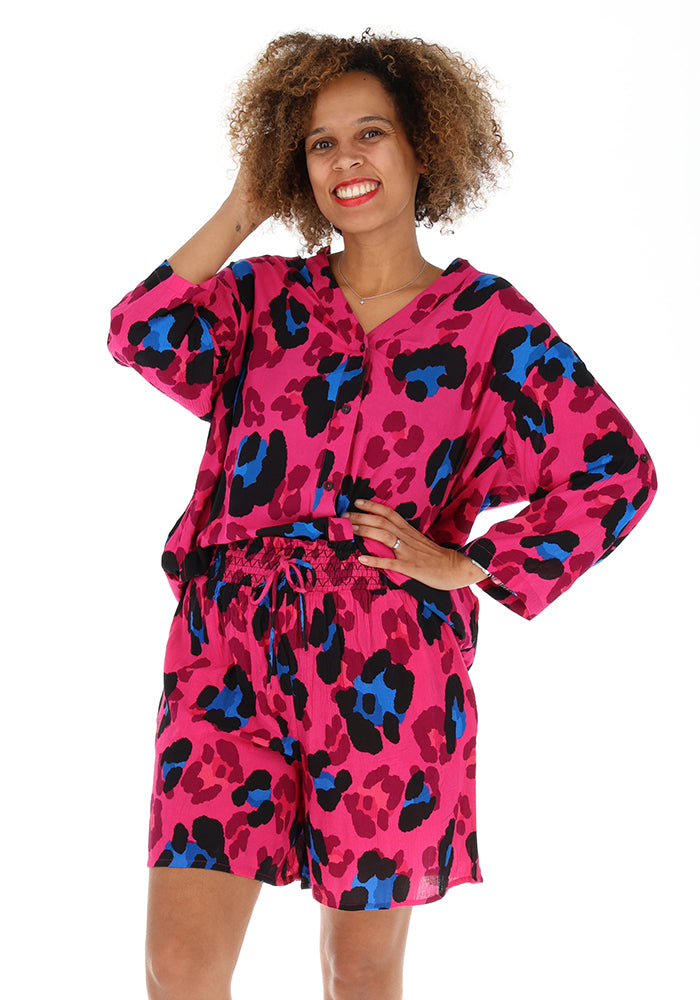 Sixth angle of Lue Large Scale Pink Animal Print Woven Shorts