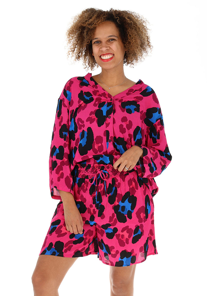 Third angle of Lue Large Scale Pink Animal Print Woven Shorts