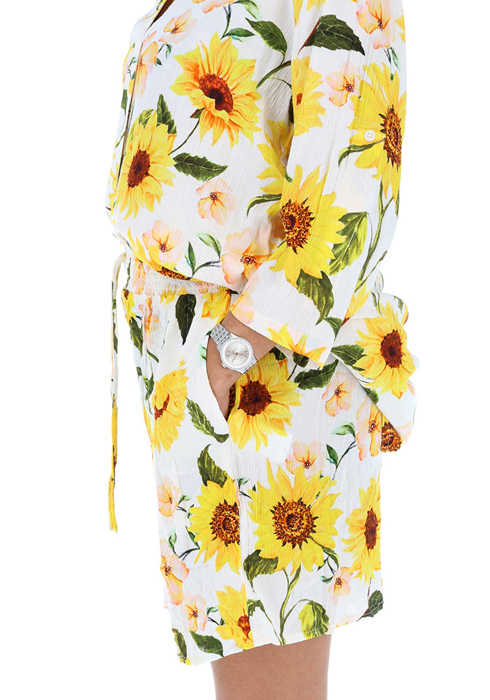 Fifth angle of Lue White Sunflower Print Woven Shorts
