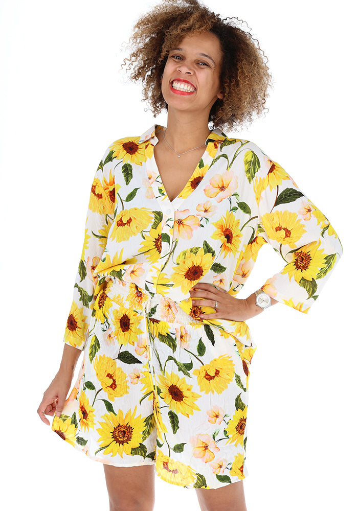 Seventh angle of Lue White Sunflower Print Woven Shorts