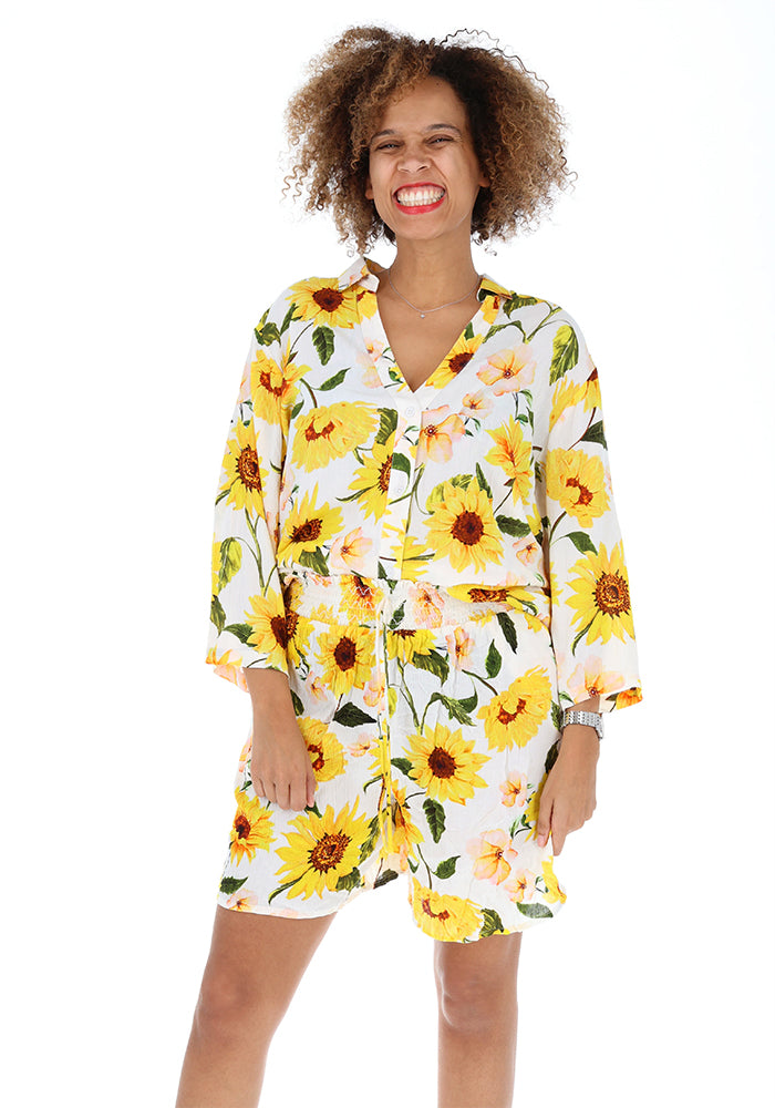 Third angle of Lue White Sunflower Print Woven Shorts