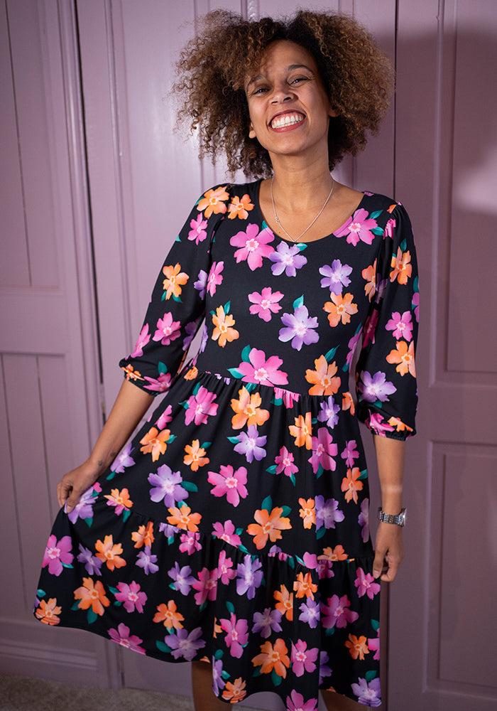 Front view of Luisa Bright Flower Print Jersey Dress