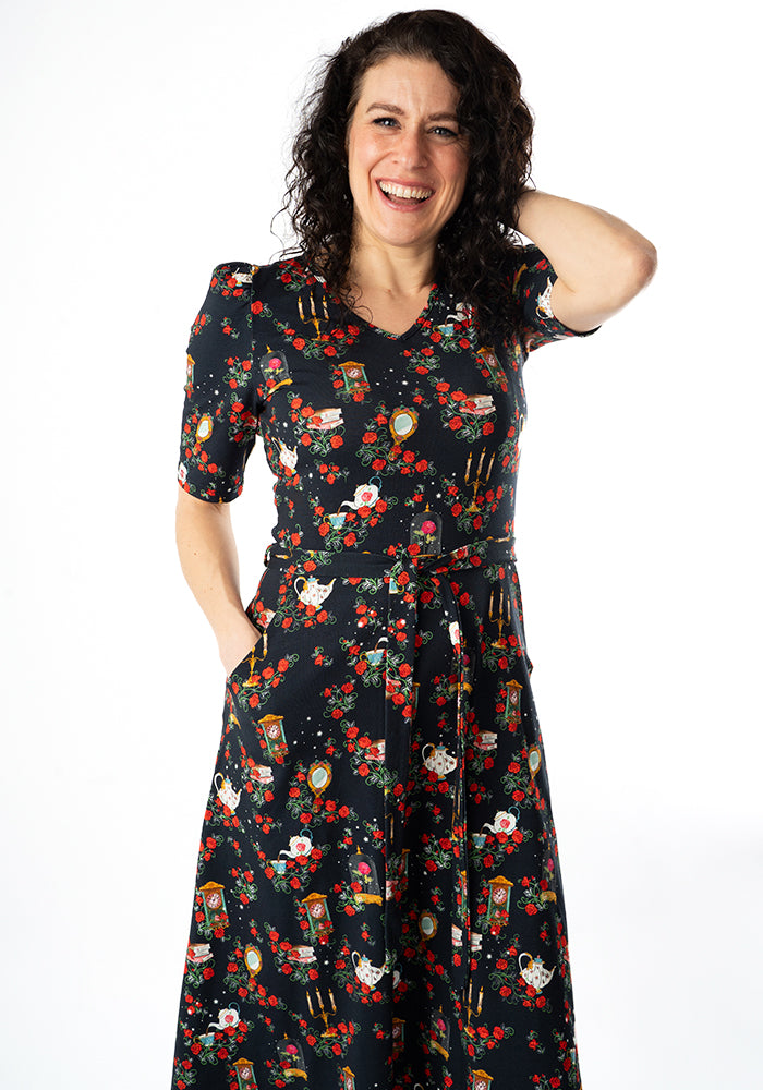 Front view of Lumiere Magical Rose Print Cotton Midi Dress