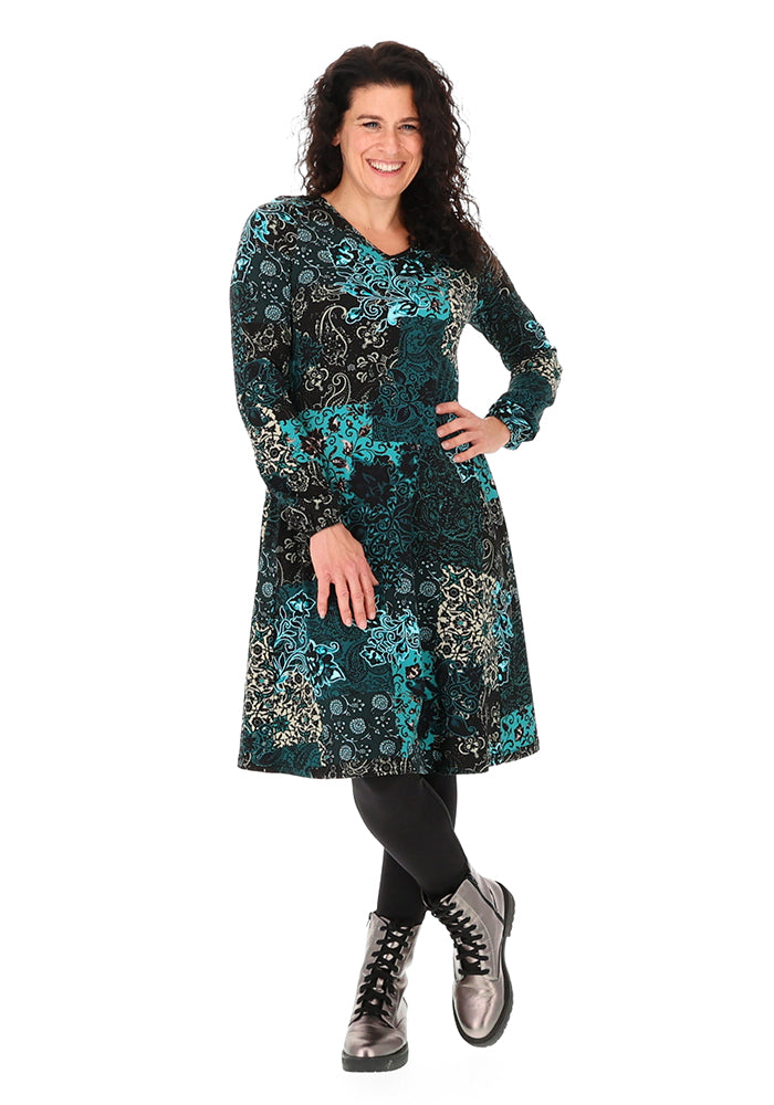 Lunet Teal Patchwork Paisley Print Cotton Dress