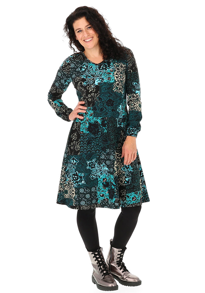 Lunet Teal Patchwork Paisley Print Cotton Dress