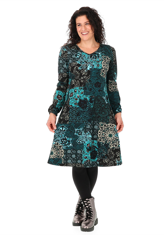 Lunet Teal Patchwork Paisley Print Cotton Dress