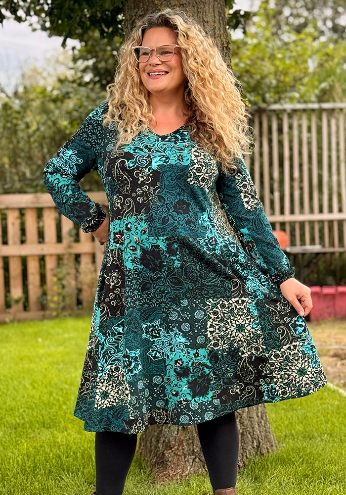 Lunet Teal Patchwork Paisley Print Cotton Dress