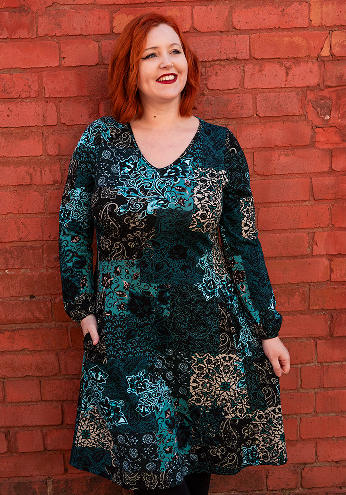 Lunet Teal Patchwork Paisley Print Cotton Dress
