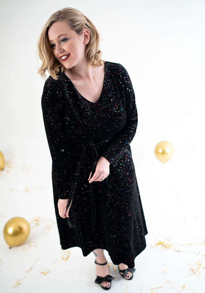 Luster Black Sparkle Velvet Midi Dress