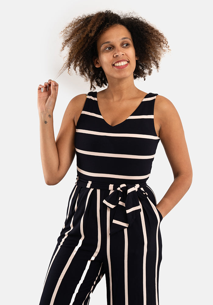 Third angle of Lydia Navy &amp; Light Pink Stripe Viscose Culotte Jumpsuit