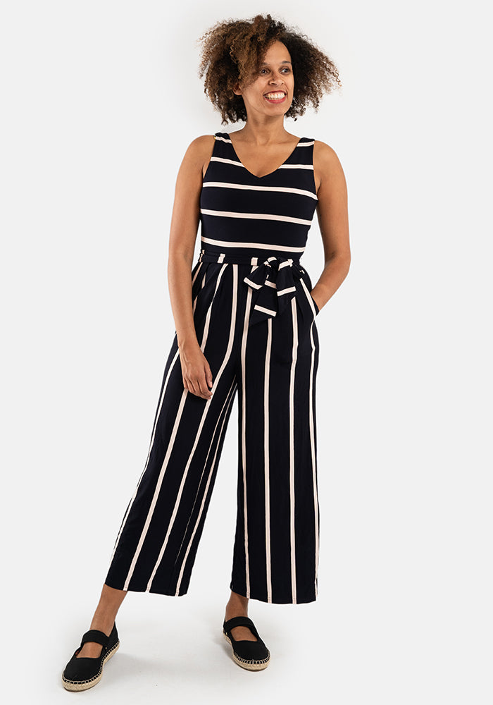 Front view of Lydia Navy &amp; Light Pink Stripe Viscose Culotte Jumpsuit