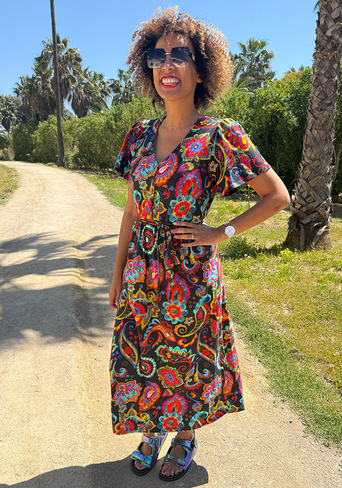 Third angle of Lysandra Painted Paisley Print Button Front Cotton Midaxi Dress