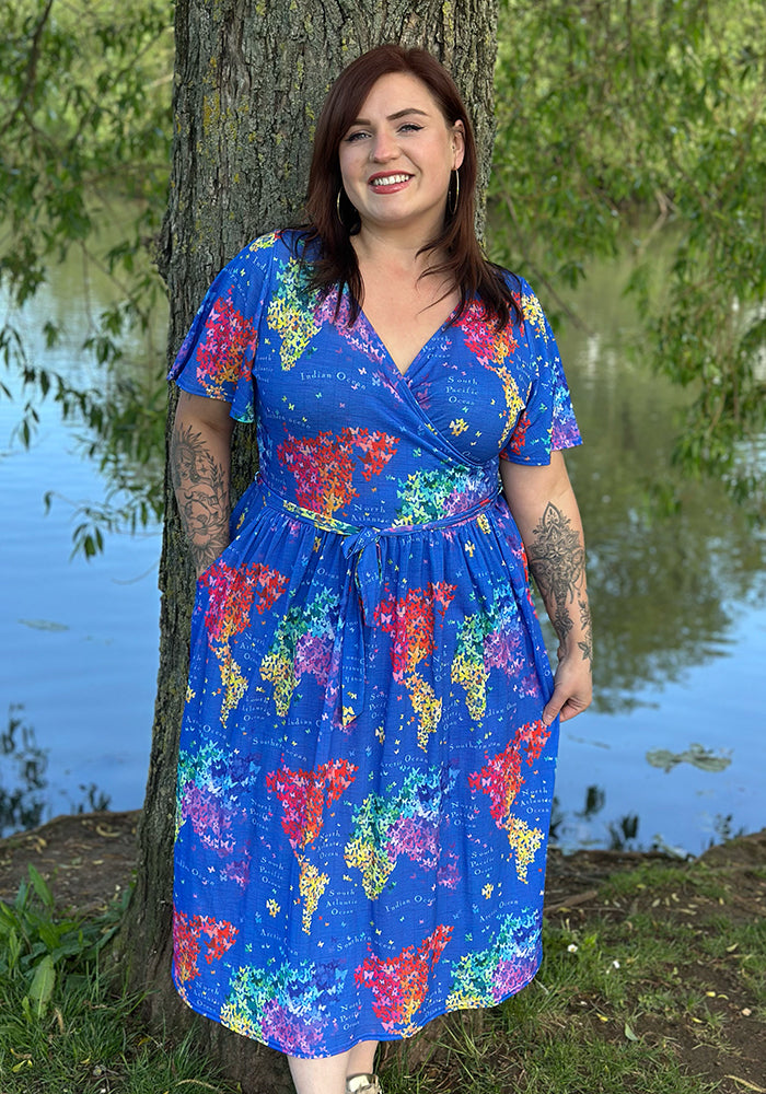 Front view of Margaux Butterfly Map Print Midi Dress