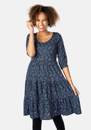 Maryam Midnight Mistletoe Sprigs Print Tiered Hem Dress