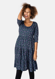 Maryam Midnight Mistletoe Sprigs Print Tiered Hem Dress