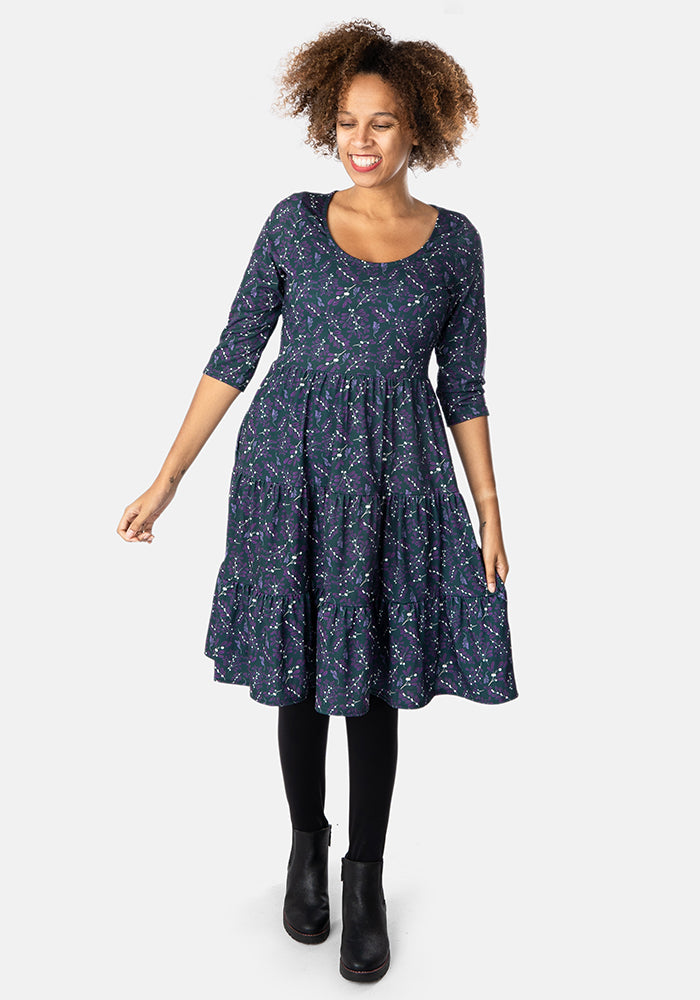 Maryam Midnight Mistletoe Sprigs Print Tiered Hem Dress